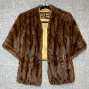 VTG Marshall Field & Co Fine Brown Mink Fur Stole Shawl Wrap Cape With Pockets